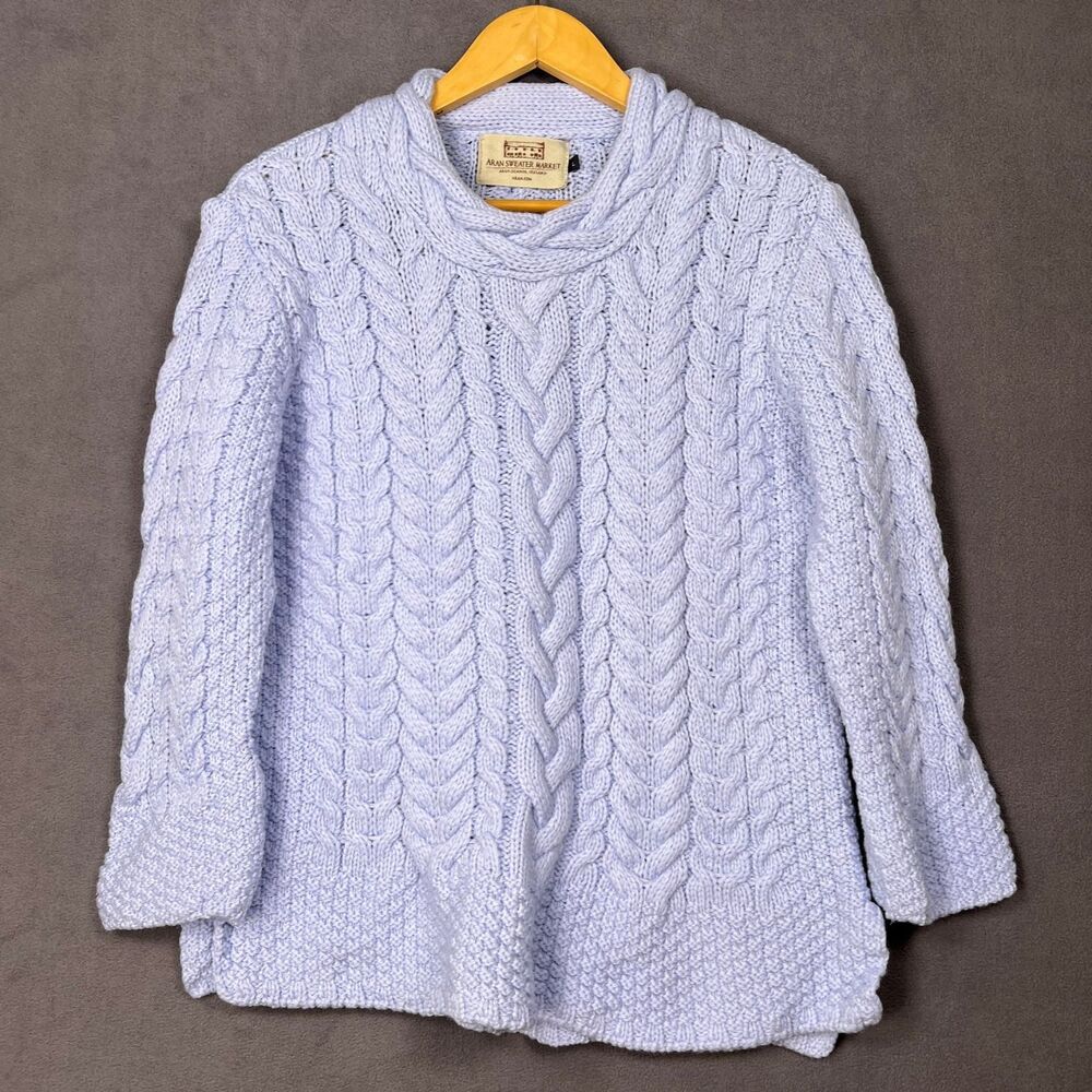Aran Sweater Market 100% Merino Wool Cable Knit Sweater Light Blue Large